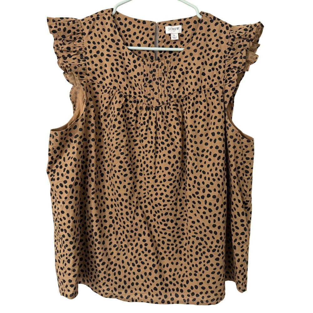 J.Crew Womens Brown Black Spotted Ruffle Flutter Sleeve Top Blouse BA747 Large